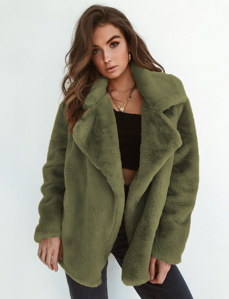 Plush Lapel Woolen Coat Women