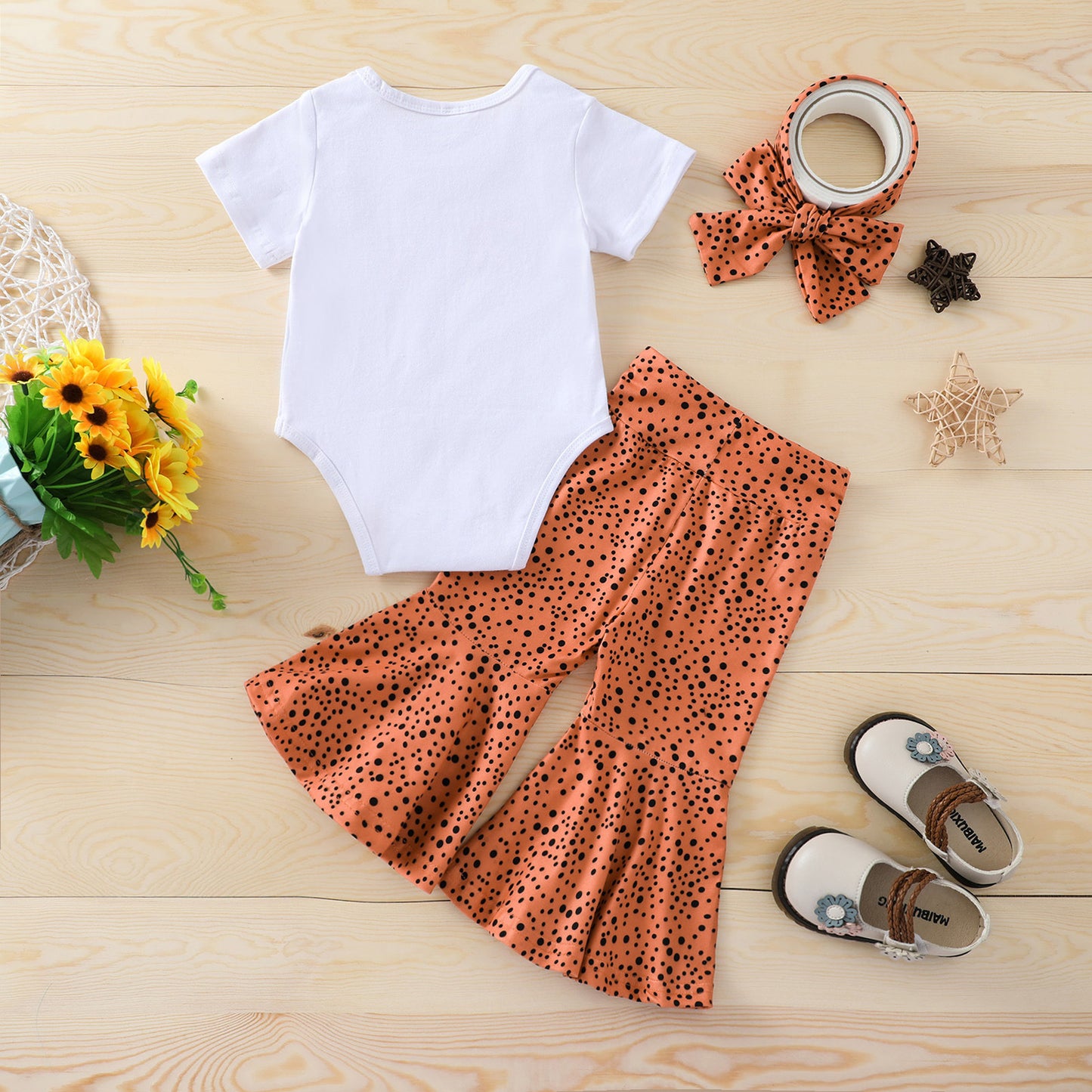 New Fashion Round Neck Letter Print Romper Flared Pants Set