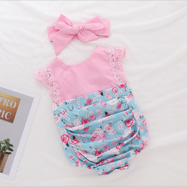 Children's Clothing Infant Lace Fly Sleeve Print Romper Dress