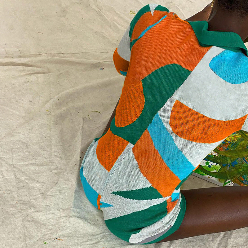 Lapel Color Block Stitching Long-sleeved Jumpsuit
