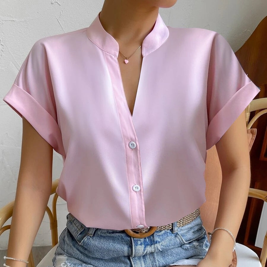Women's Simple Solid Color And V-neck Button Cardigan Shirt