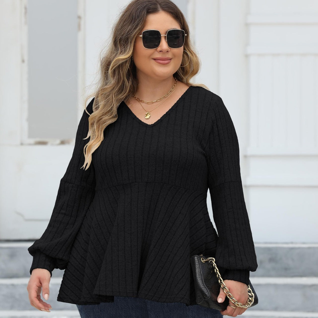 Doll Shirt V-neck Hollow Striped Polar Fleece Lantern Sleeve Bottoming Shirt