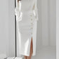 Long-sleeved Round Neck Waist-tie Button-decorated Slit Women's Dress