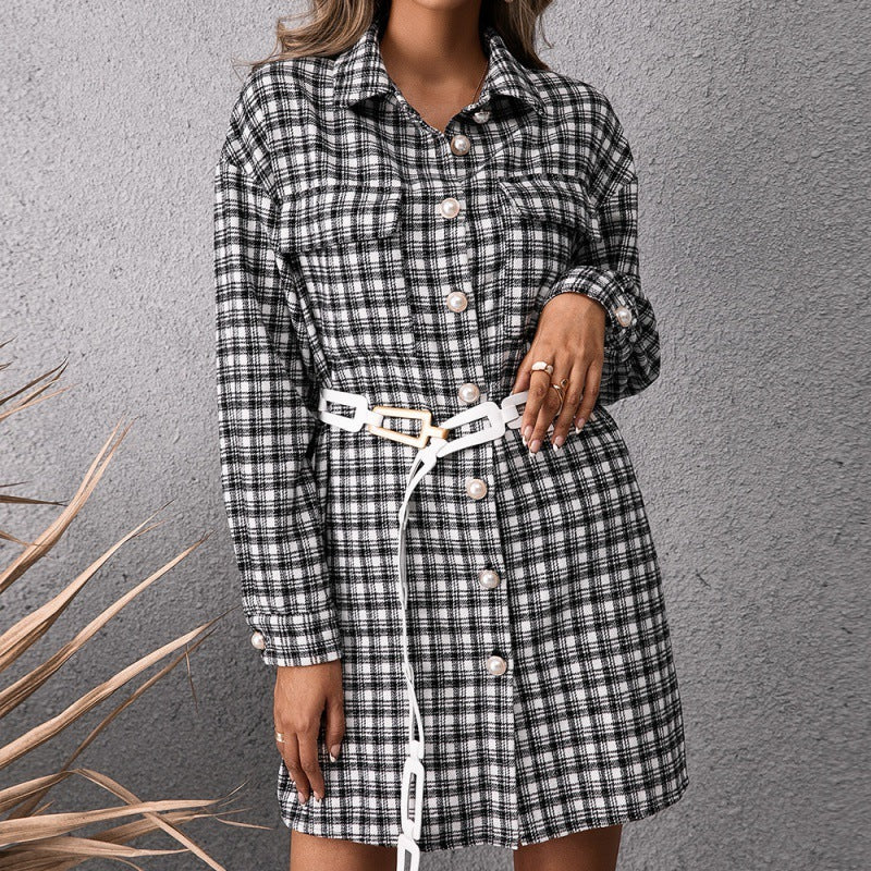 Ladies Casual Single-breasted Mid-length Plaid Shirt