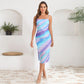 Slim-fit Pleated Elegant Mesh Floral Print Suspender Dress