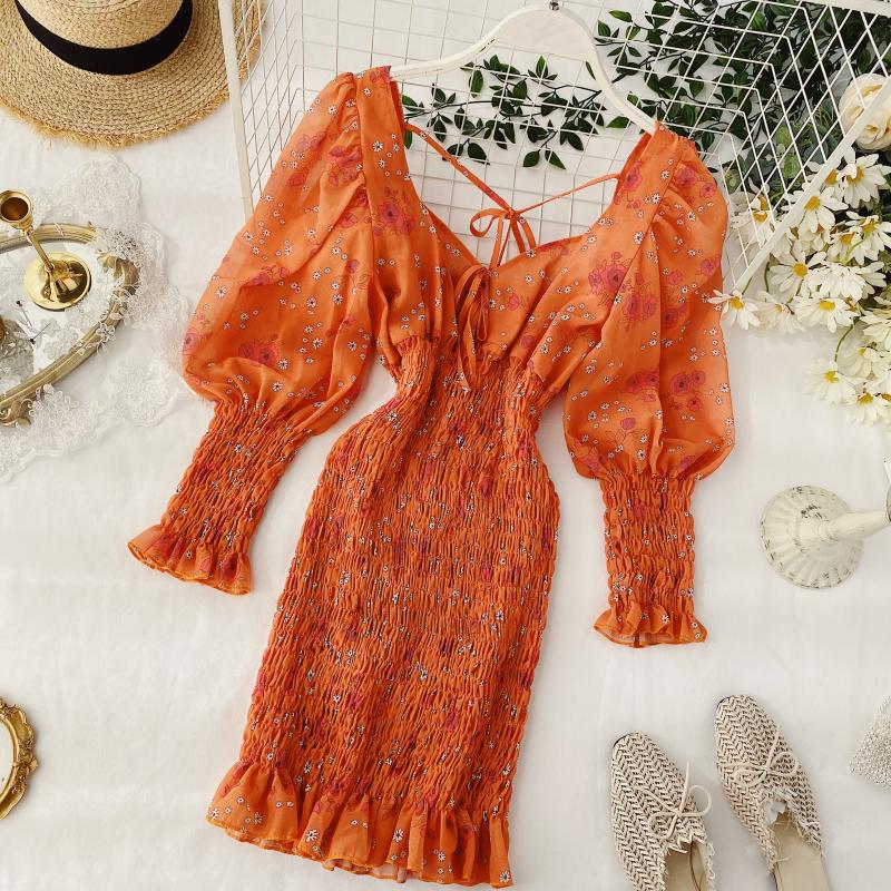 Floral bubble sleeve hip dress