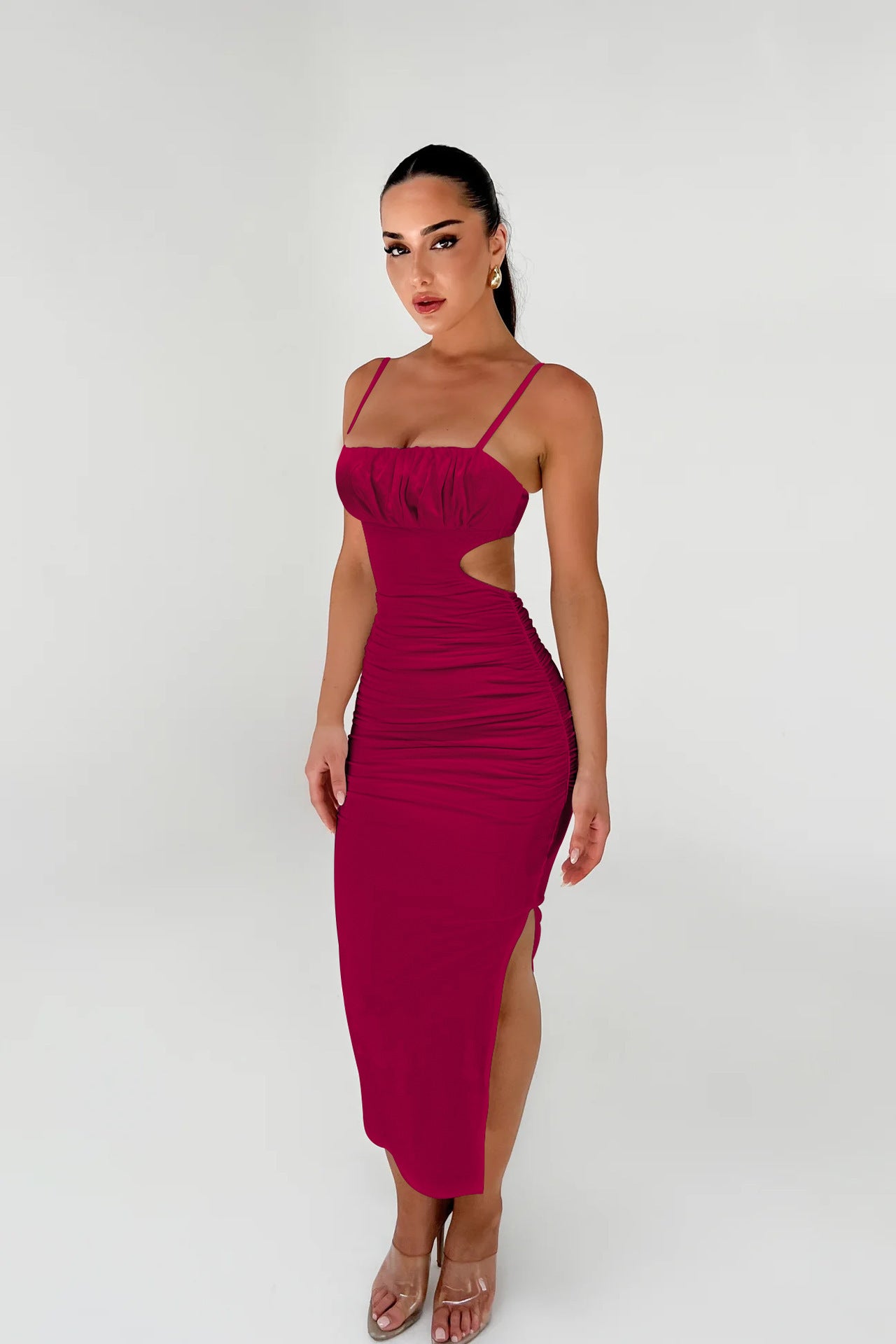 Backless Ruffle Hip Side Slit Long Dress