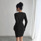 Pure Color Mesh Stitching Chest Design Long Sleeve Slim Fit Dress