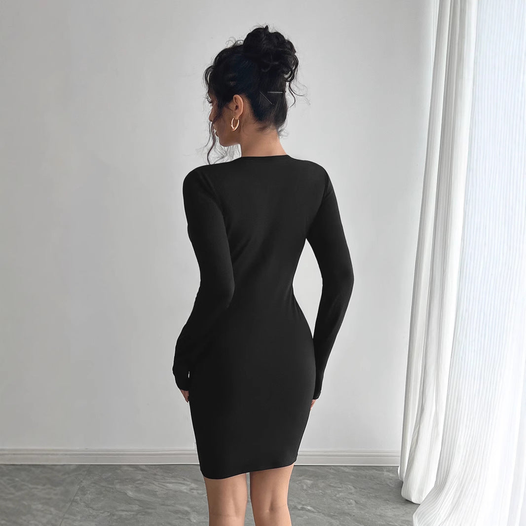 Pure Color Mesh Stitching Chest Design Long Sleeve Slim Fit Dress