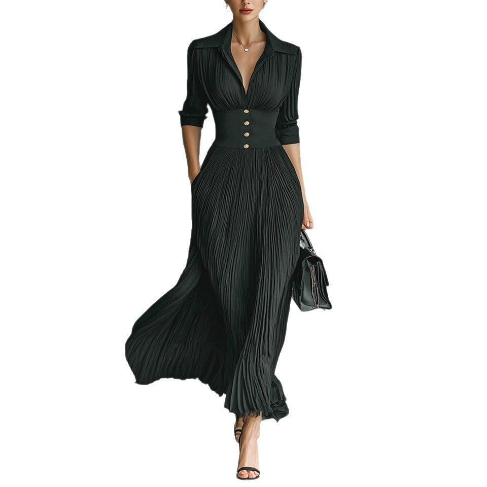 Solid Color Pleated Waist Tight Elegant Dress For Women