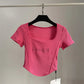 T-shirt court taille haute pour femme, haut court et sexy, moulant, à manches courtes et ourlet incurvé, été