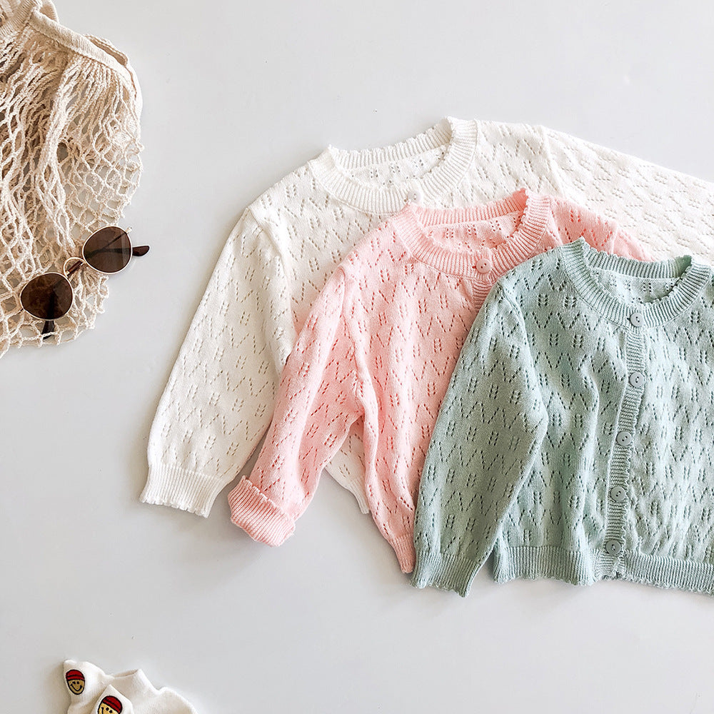 Girls' Solid Color Cardigan Long Sleeved Knitted Hollow Out Jacket