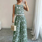Plant-patterned Crew-neck Sleeveless Top And Wide-leg Pants Set With A Printed Design