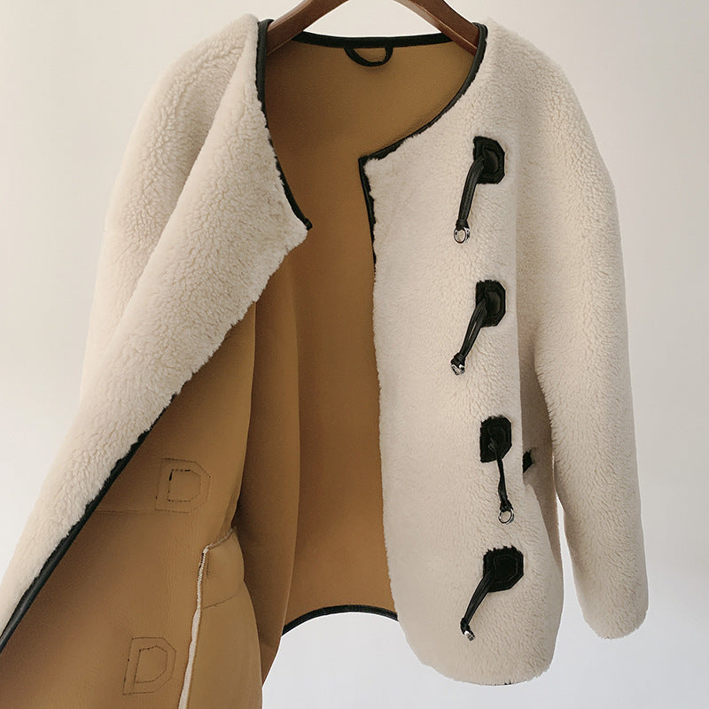 Autumn And Winter New Metal Leather Ring Fur Stitching Casual Fashionable Stylish Coat