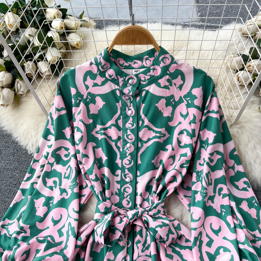 Single-breasted Ruffled Printed Dress