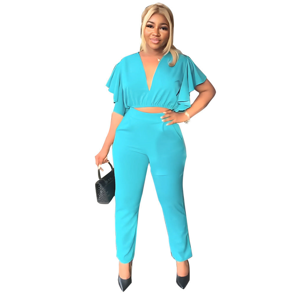 Women's Fashion Deep V Midriff-baring Top Straight-leg Trousers Casual Two-piece Suit