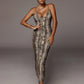 V-neck snake print suspender midi dress