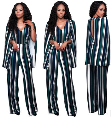 Summer Explosions Europe And The United States V-neck Print Cloak Backless Wide Tube Piece Trousers