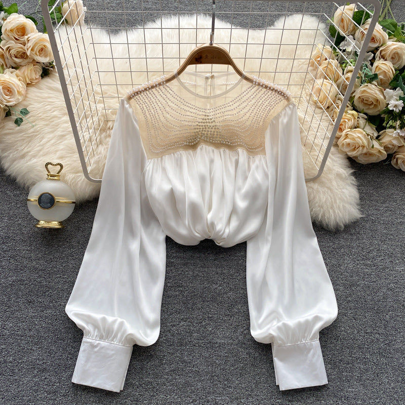 Slim Pleated Mesh Beaded See-through Design Chic Top