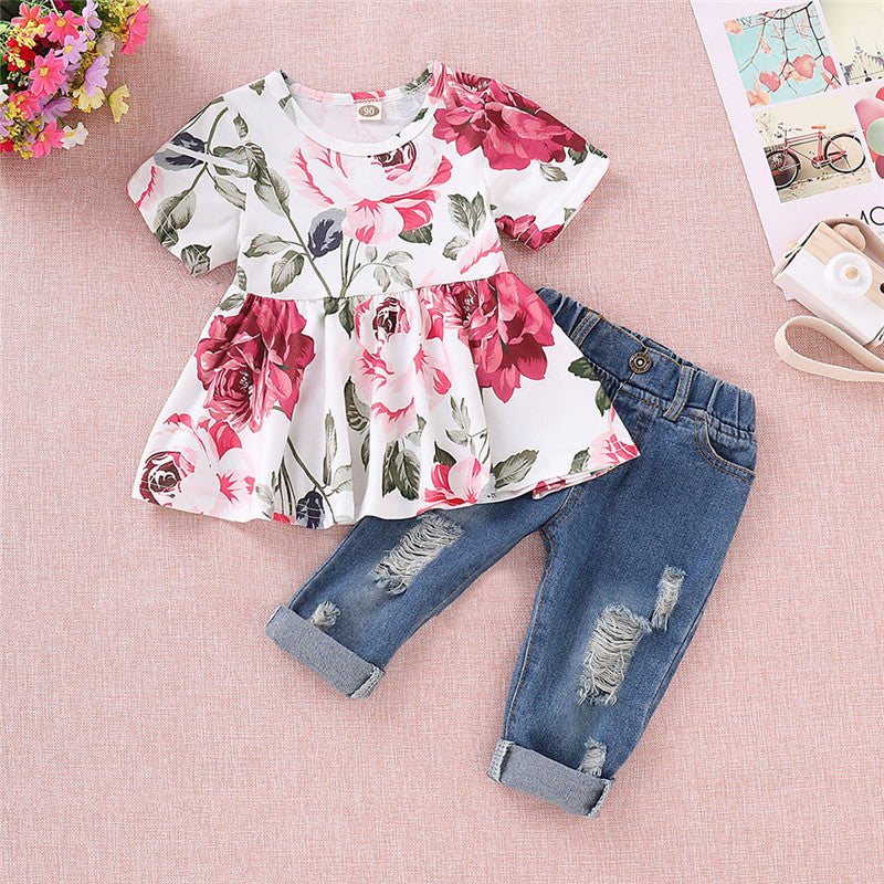 Combinaison en jean à haut rose pour enfant