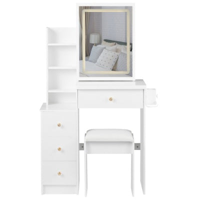 29.2 Small Size Left Bedside Cabinet Vanity Table   Cushioned Stool, 2 AC  2 USB Power Station, Hair Dryer Bracket  Extra Large Touch Control Sliding LED Mirror, Tri Color Switching, Brightness Adjust