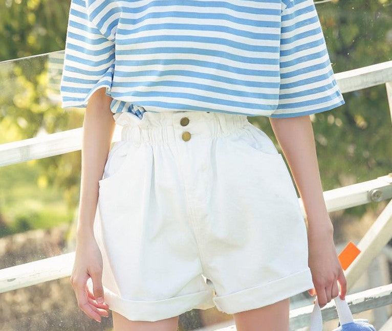 Calyx elastic waist denim shorts female summer high waist was thin student wide leg pants
