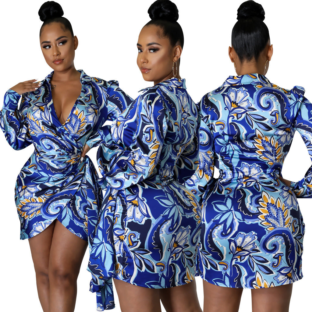 Digital Printed V-neck Women's Slim Fit Dress