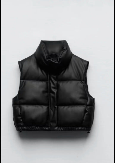 Fashion Mock Leather Vest With Stand Collar