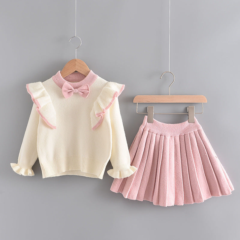 Ensemble pull tricoté à manches volantées pour fille