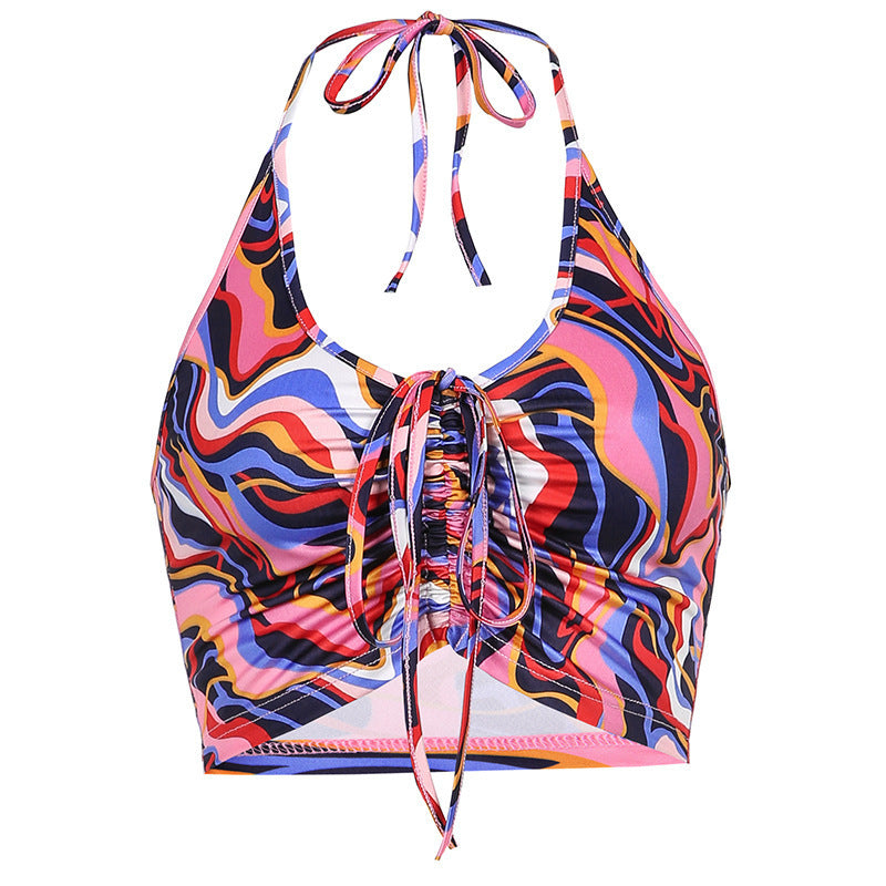 Halter Vest Women's Irregular Corrugated Printing Chest Pleated Bottoming Top Wrapped Chest