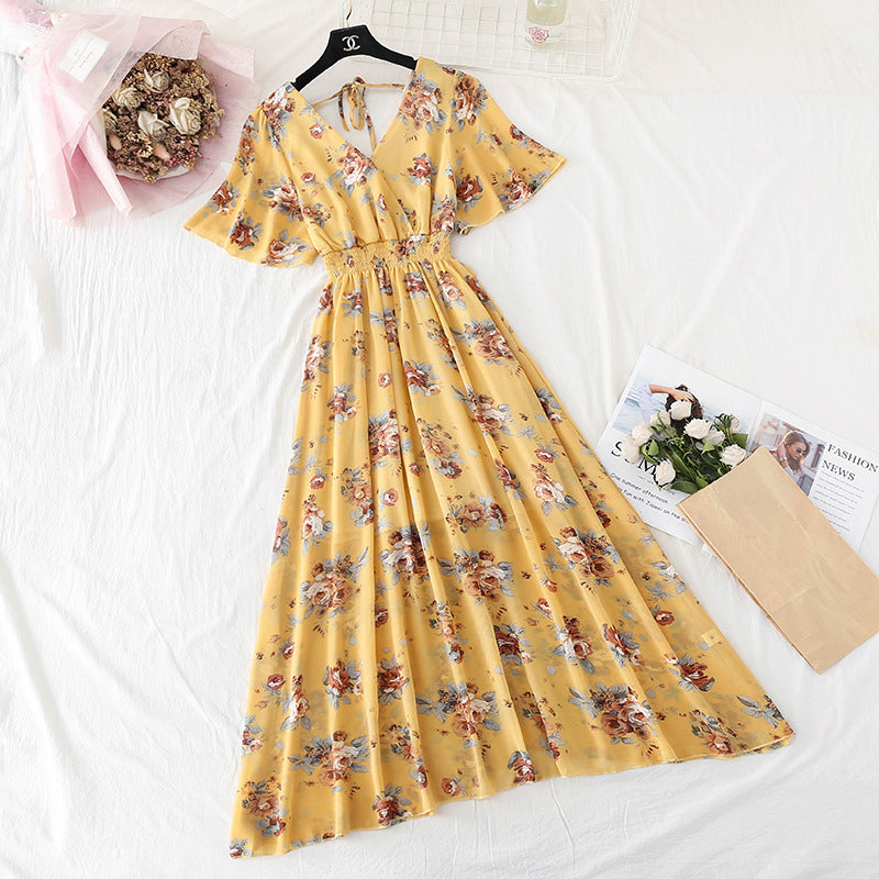 Chiffon Dress Female French Platycodon Floral Long Skirt Waist Was Thinner