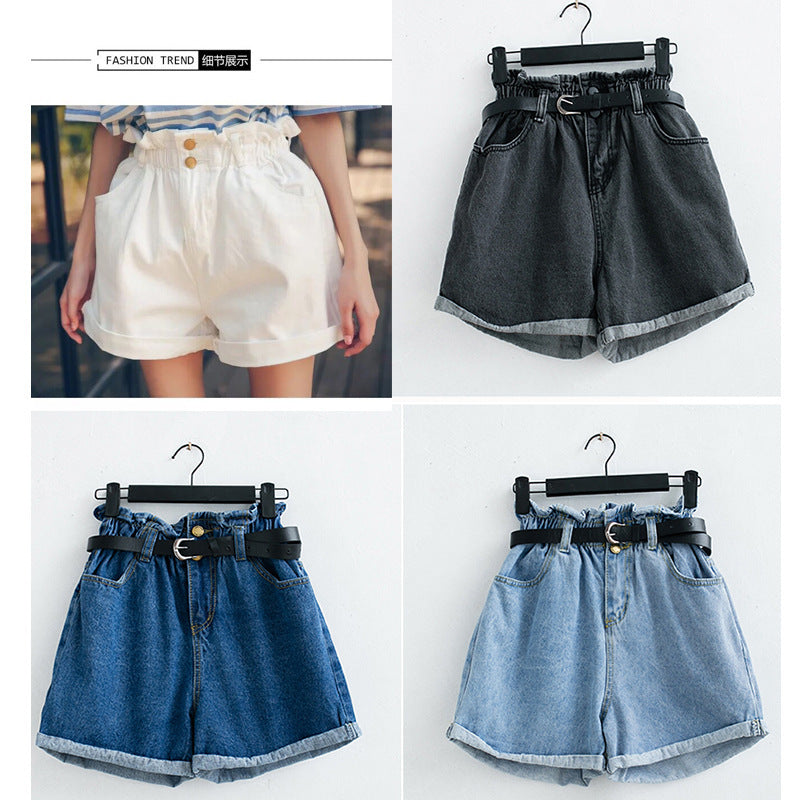 Calyx elastic waist denim shorts female summer high waist was thin student wide leg pants