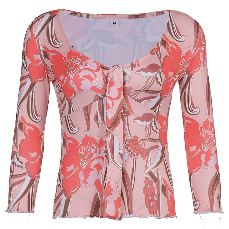 Early Autumn V-neck Tie Flower Print Blouse