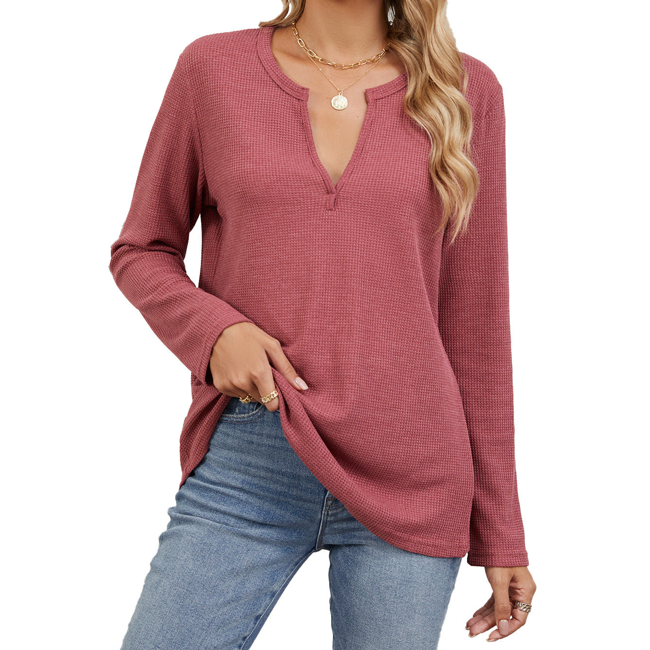 Loose-fitting V-neck Long Sleeves T-shirt Top For Women