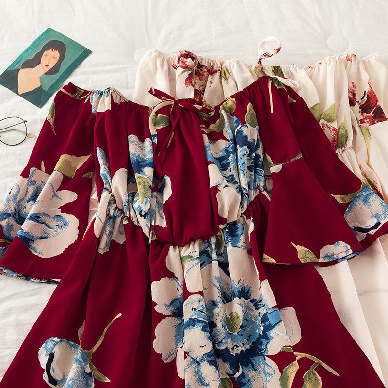 Off-the-shoulder Tie-flare-sleeve Floral-print Jumpsuit