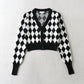 V-neck Black And White Diamond Single-breasted Long-sleeved Knitted Cardigan