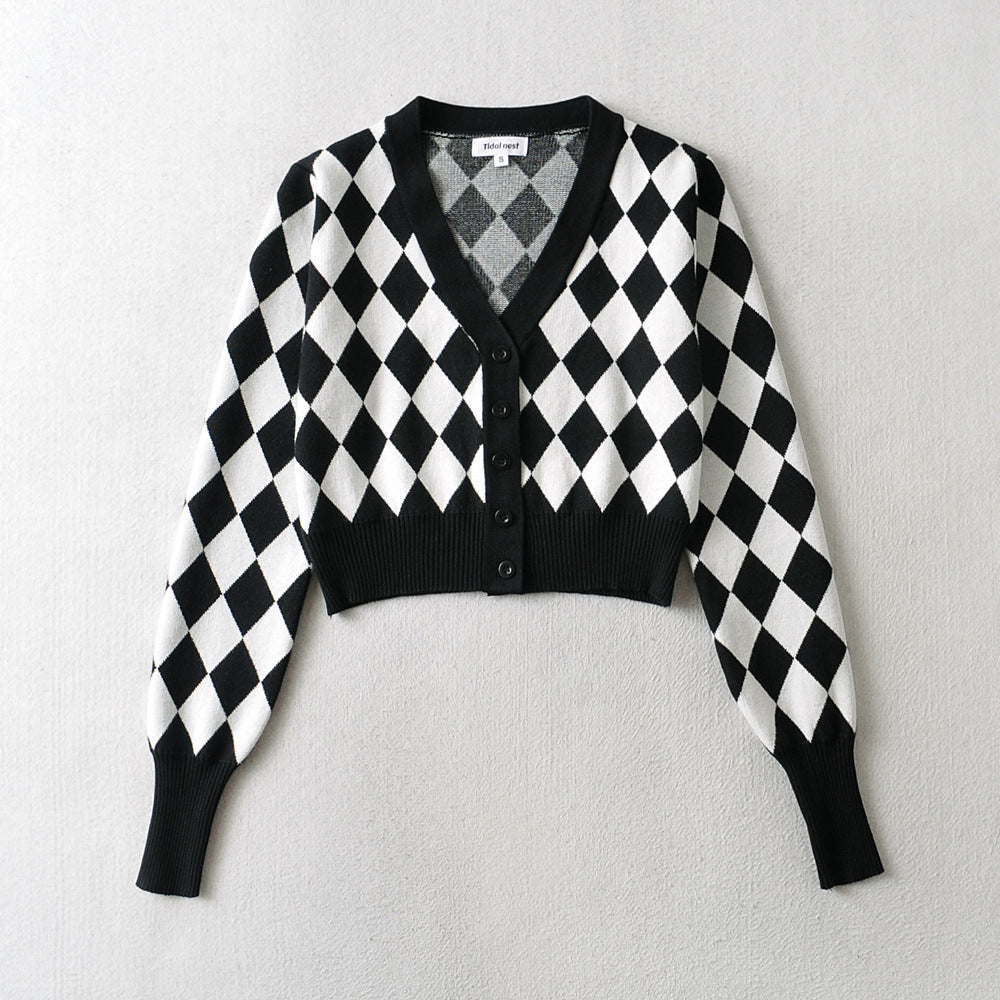V-neck Black And White Diamond Single-breasted Long-sleeved Knitted Cardigan