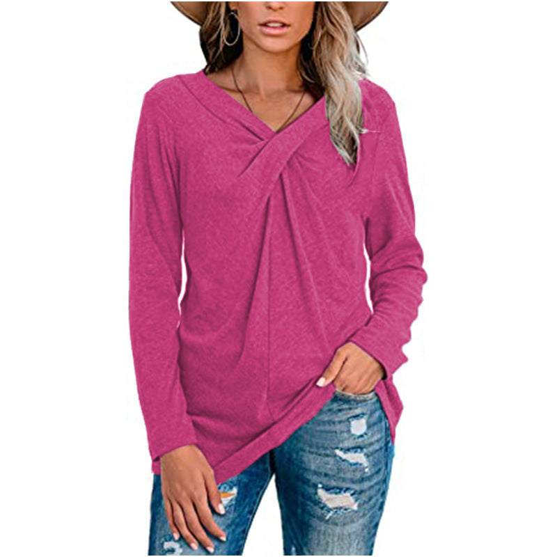 New V-Neck Long Sleeve Neck Twist Casual T-Shirt