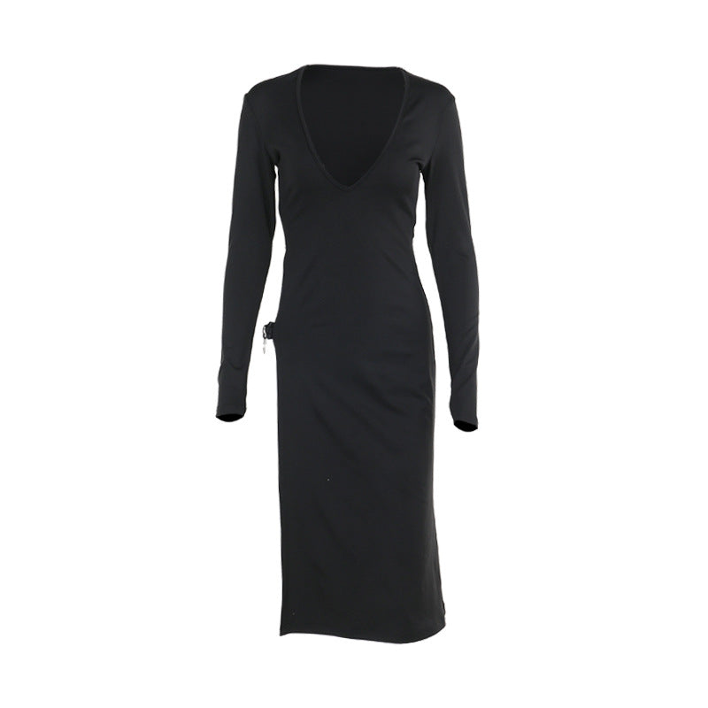 Elegant Slim Fit High Slit Deep V Long Sleeve Dress