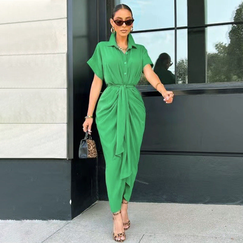 Robe pour femme, nouvelle robe élégante à col polo, mi-longue, manches courtes, simple boutonnage, taille haute