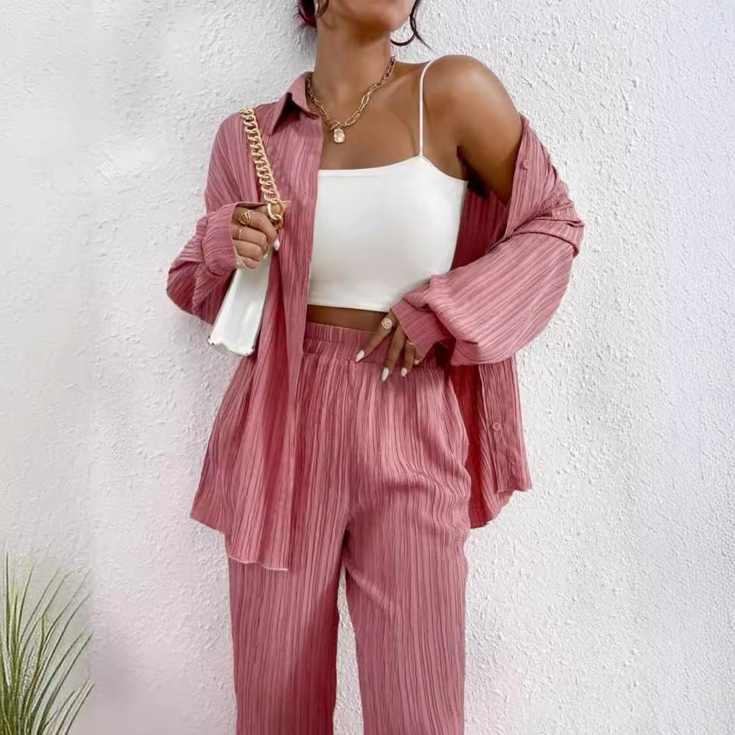 European And American Women's Clothing Solid Color Loose Drooping Smooth Pleated Casual Two-piece Suit