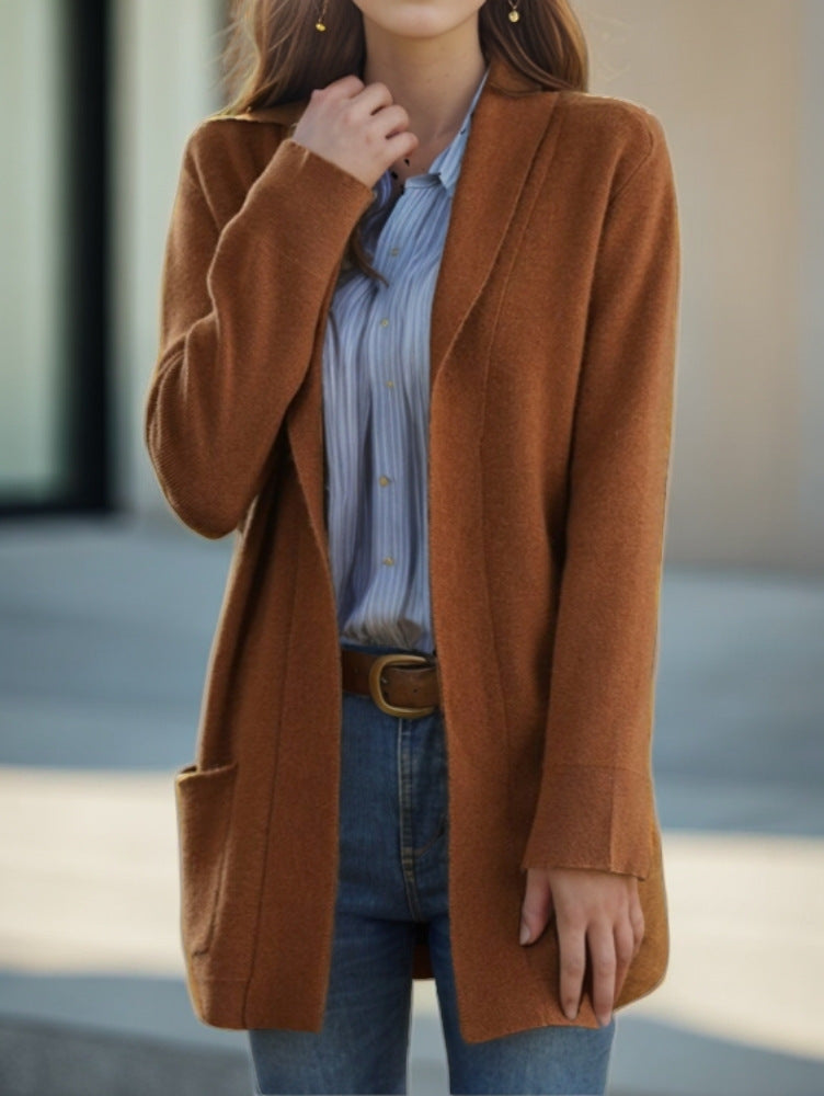 Nouveau cardigan tricoté à manches longues et col polo, couleur unie, avec poches amples, pour femme