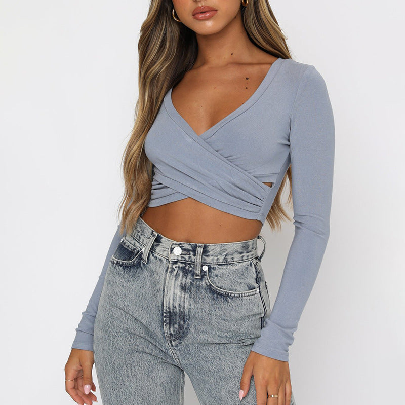 Women's Clothing Cross V-neck Stitching Slim-fit Long-sleeved Bottoming Shirt