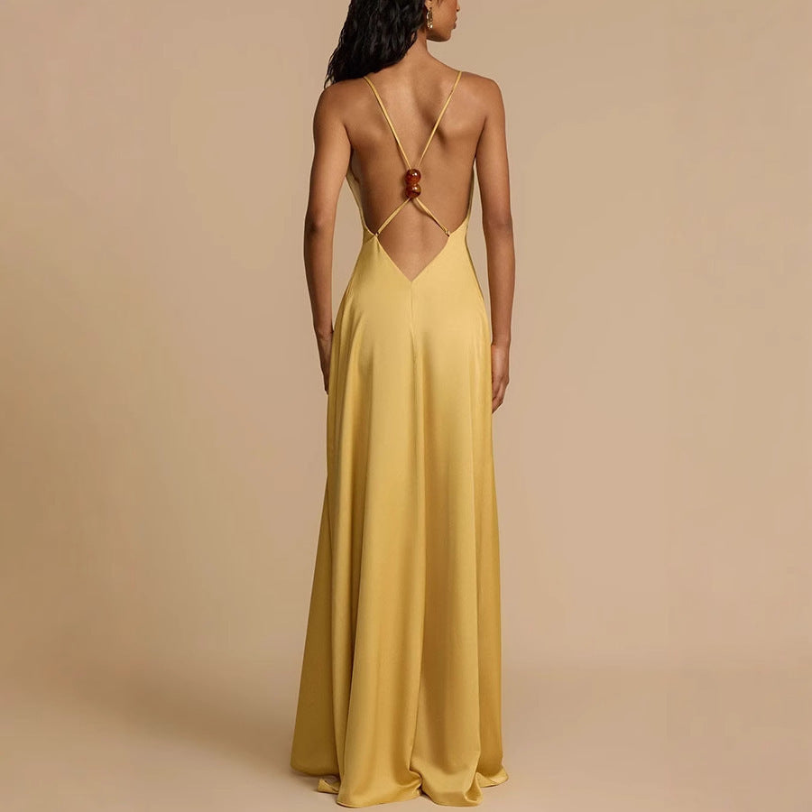 Women's Backless V-neck Satin Long Dress