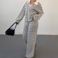 Striped Lapel Fashionable Knitted Loose Long Sleeve Top Casual Trousers Suit