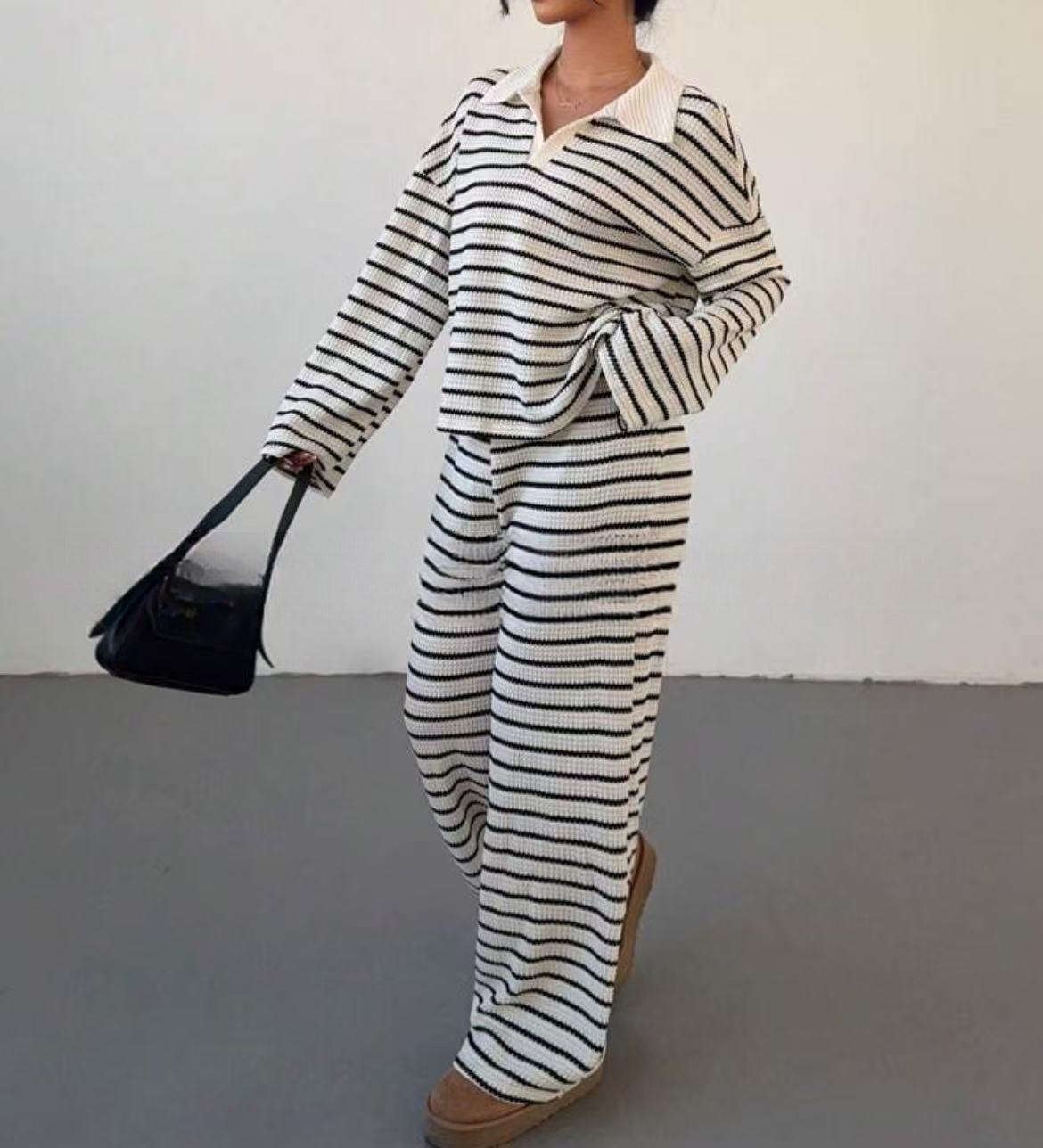 Striped Lapel Fashionable Knitted Loose Long Sleeve Top Casual Trousers Suit
