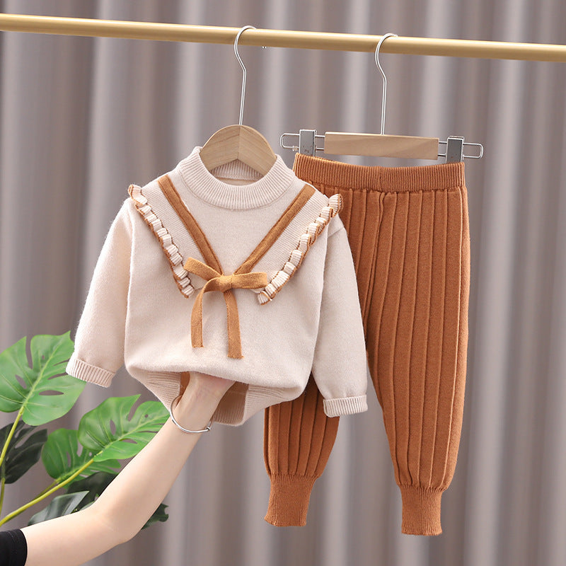 Girls Ruffled Suit Sweater Autumn And Winter Pullover Round Neck Children's Sweater
