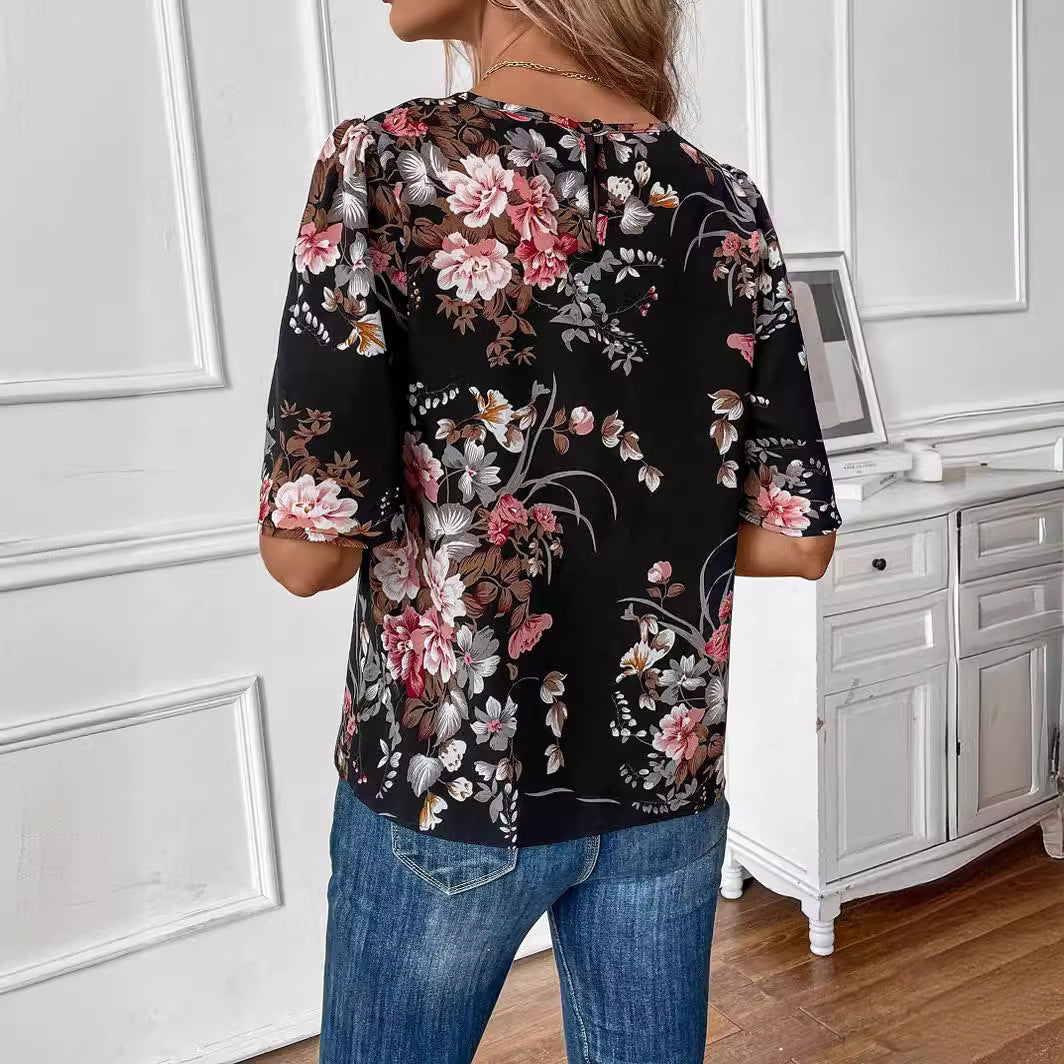 Ladies New Floral Print Short Sleeve Shirt