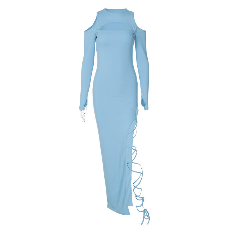 Robe fendue à manches longues et leggings ajourés de couleur unie pour femme