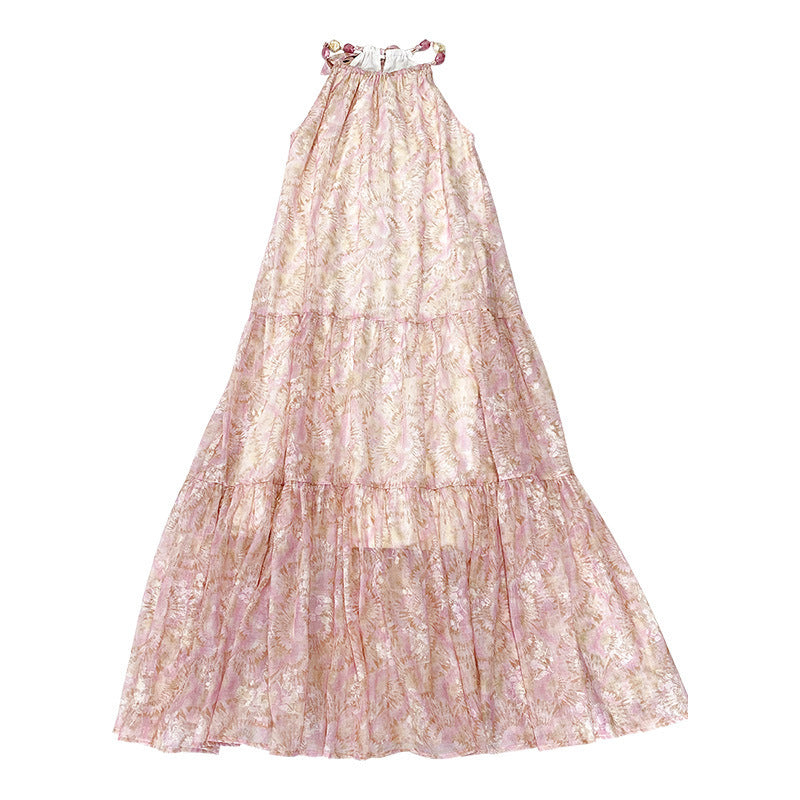 Robe en mousseline de soie imprimée texturée style vacances pour femme